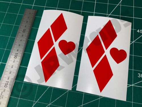 (X2) HARLEY QUINN DIAMONDS LOVE HEART STICKERS DECALS JOKER SUICUIDE RED - Picture 1 of 5