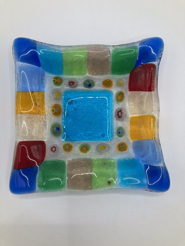 Fused Glass Trinket Dishes. 4”sq. One W/millifiore-set of 2 - Picture 2 of 7