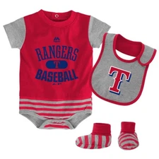 Texas Rangers MLB Majestic Infant Red Baseball Property Creeper Bib & Bootie Set