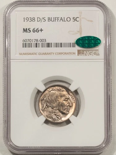 1938-D/S BUFFALO NICKEL - PCGS MS-66+ CAC, PRETTY & LOOKS SUPERB, PQ!