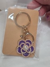Ladies Purple Flower Keychain Bag Charm Purse Charm Floral Pearls Key Ring Clip