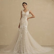 V-Neck Wedding Dresses Sleeveless Mermaid Lace Vintage Bride Gowns Customized