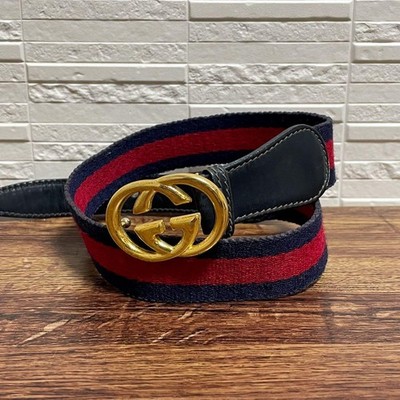 Gucci Navy Leather Canvas Sherry GG Buckle Belt Size 77 | eBay