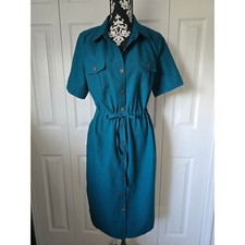 Appleseeds Teal Blue Seersucker Button Front Drawstring Shirt Dress Womens 12