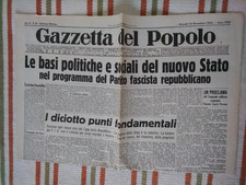 REPLICA GIORNALE GAZZETTA POPOLO  18 NOVEMBRE 1943 NASCITA REPUBBLICA SOCIALE