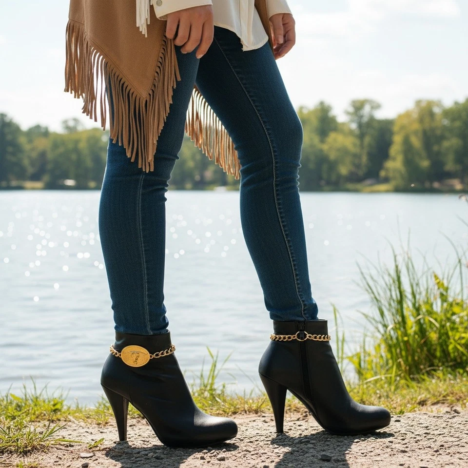 NUEVO Mujeres 2 PIEZAS Metal Dorado Bota Occidental Cadena Zapato Tobillera Cuerno Largo Bull Charm TX Foto 4 de 4