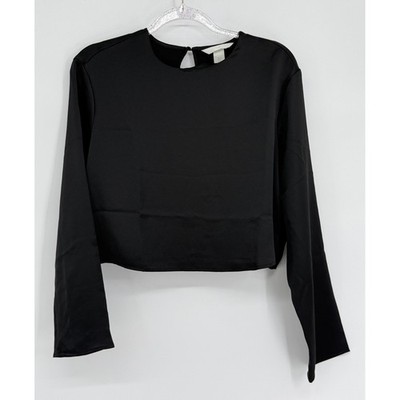 HM Womens Black Satin Cropped Long Sleeve Blouse Keyhole Back Sz M NEW