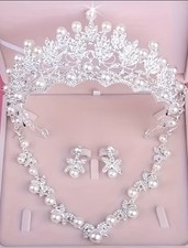 Pearl Silver Plated Rhinestone Bridal Necklace Earrings Tiara Jewelry Set