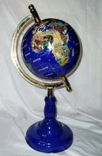 VTG Blue Lapis Glass World Globe with Semi Precious Gemstones 12” Height 
