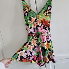 Yours Curve Pink and Green Tropical Print Tummy Control Swim Dress in UK 24.