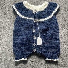 NEW Hand Knitted unisex Navy Blue White Short Sleeve Shortie
