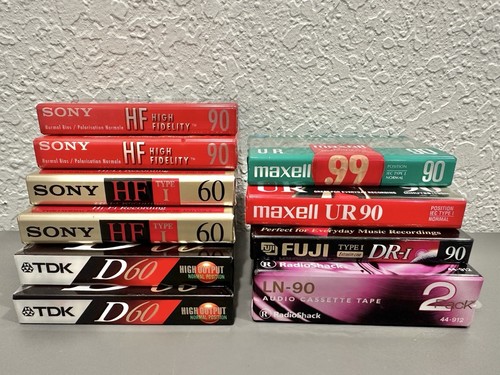 Lotto misto di 11 nastri audiocassette vuoti Sony Fuji Maxell TDK 60/90 minuti