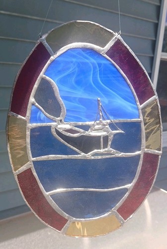 Vintage Handcrafted Stained Glass Framed Freighter Ship Suncatcher 10.5 " - Picture 4 of 9