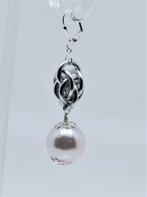 White acrylic pearl, anodized aluminum, dangle earrings silver plated components