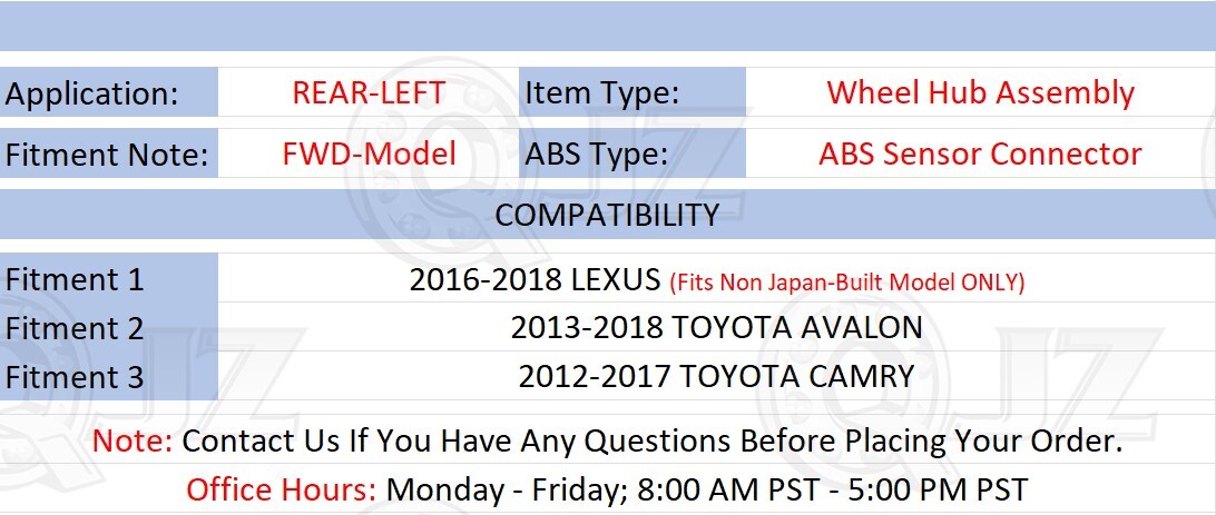 [REAR-LEFT(Qty.1)] HA590429 Wheel Hub Assembly For 2013-2018 Toyota Avalon FWD