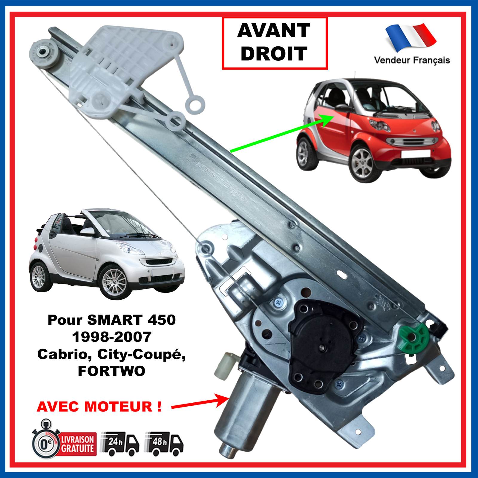 Lève-vitre électrique avant droit Smart Fortwo 1998-2007 mécanisme passager à câbles renforcés