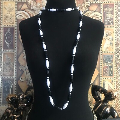 Vintage Long Black and White Beaded Necklace - Main Image