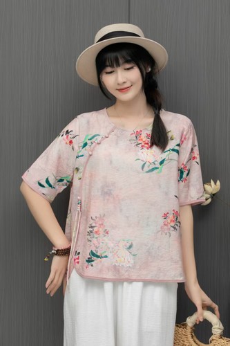 Womens Retro floral Printed Cotton Linen Tops Shirt Round Neck Short Sleeves New - Picture 25 of 44