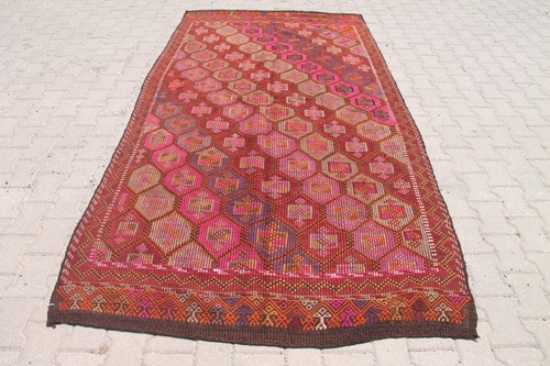 5x9 ft Handmade Turkish Kilim Rug Vintage Red & Pink Wool, Bohemian Decor