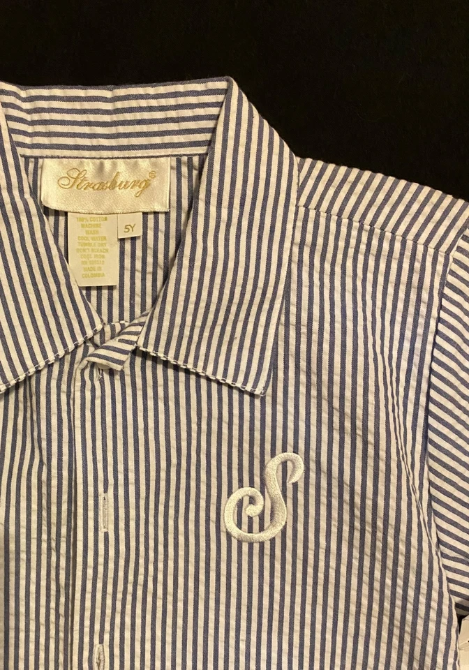 NWT Strasburg Children 5 Seersucker Shirt Top FLAW S Monogram Blue Striped White - Image 2 of 3