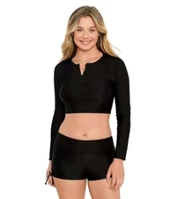 Women's L Eco Beach Long Sleeve Crop Zipper Rashguard BLACK Swim Shirt Beach 