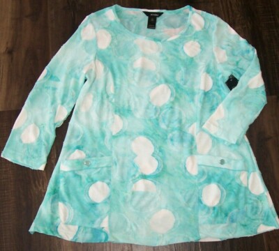 NWT Ali Miles Blue Aqua/White GEOMETRIC TIE DYE Knit Tunic Top PETITE S PS CUTE