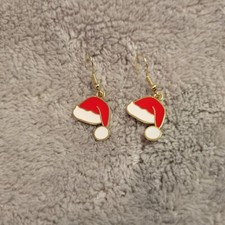 Christmas Santa Cap Womens Earrings One Pair Red Alloy Hanging Dangle Gold Tone