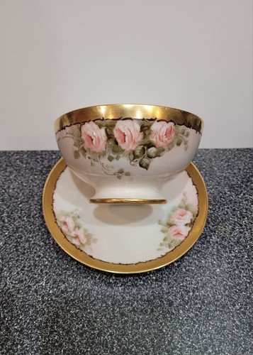 T & V Limoges France Cup/Bowl and Saucer Set Hand Painted Pink Roses Gold Trim - Picture 12 of 12
