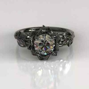 Authentic Simulated Black Diamond Lotus Flower Engagement Ring 14k Black Gold Plated