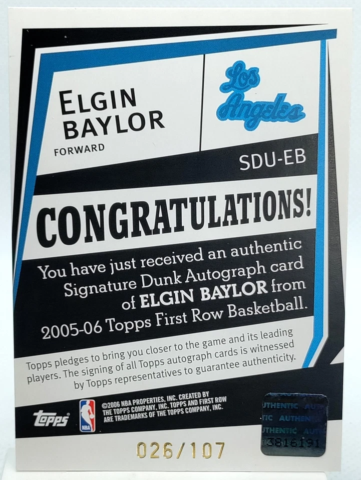 /107 Elgin Baylor AUTO 2005-06 Topps First Row Lakers Signature Autograph Holo - Image 3 of 3