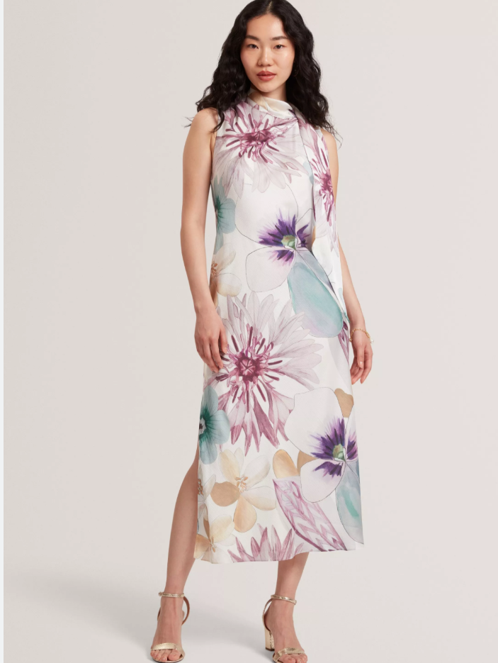 TED BAKER Midi Dress Womens TB 2 UK 10 Harrpur White Floral Print Neck Tie NEW