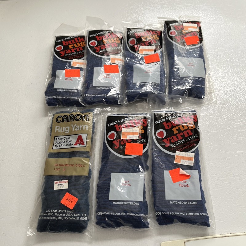 Lot Of 7 Vintage Latch Hook Rug Yarn 6-Red Heart -Royal Blue & 1-Carron NOS