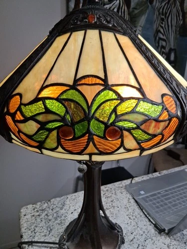 VTG  JEWELED TIFFANY STYLE STAINED GLASS LAMP SHADE- 15X 10- GUC!