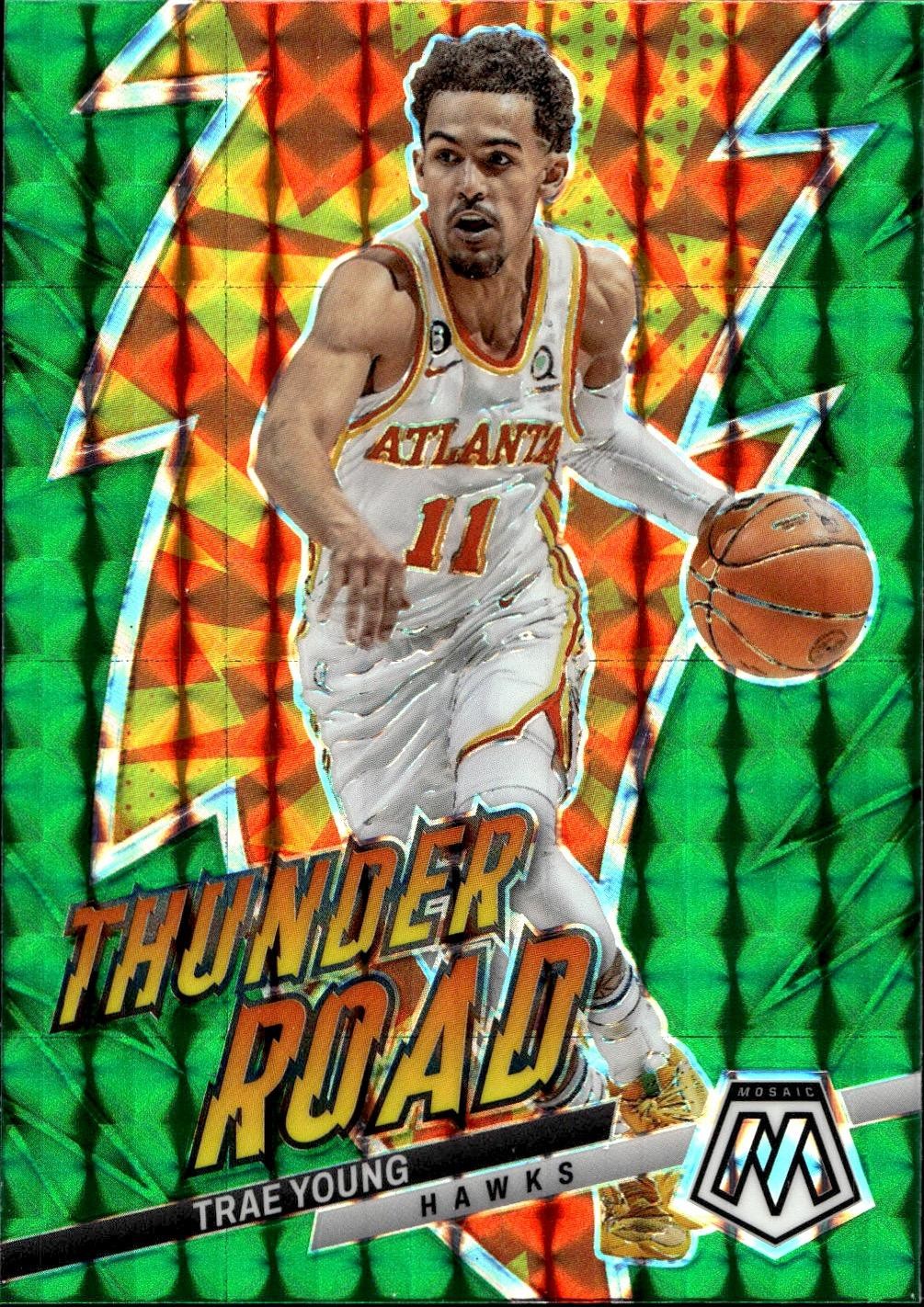 2022-23 Panini Mosaic #4 Trae Young Thunder Road Mosaic Green