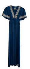 Vtg 70s Maxi Dress Blue Lace Trim Empire Waist Prairie Cottagecore Size 9