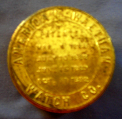 AMERICAN WALTHAM WATCH CO. Metal container with patent dates listed on cover