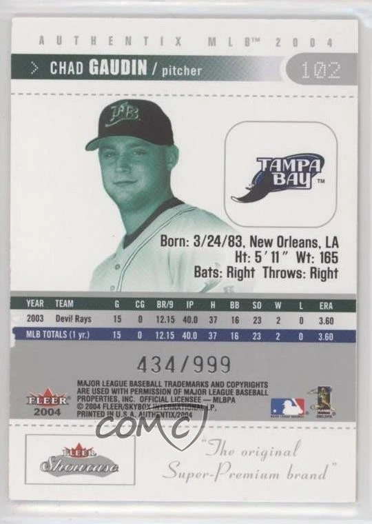 2004 Fleer Authentix Ticket to the Majors /999 Chad Gaudin #102 - Image 2 of 2