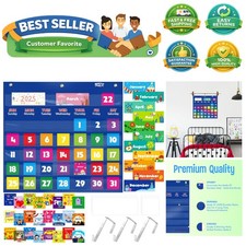 Calendar Pocket Chart, Classroom Monthly Pocket Chart with 76 Cards 68 Illust...