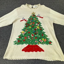 Vintage Eagles Eye Sweater Womens XL Cream Christmas Tree Holiday Ugly 90s
