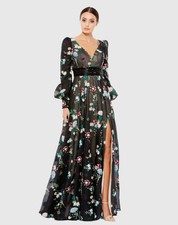 NEW, Mac Duggal Embroidered Bishop Sleeve V Neck Flowy Gown Size 12 #LD0116