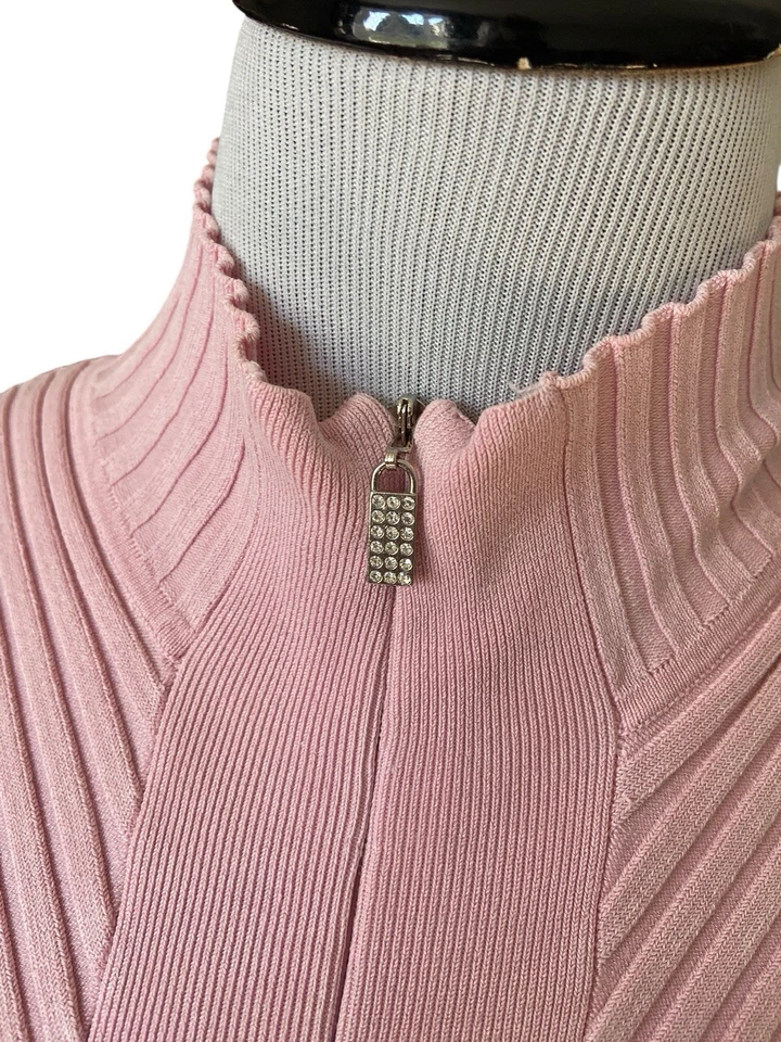 Suéter De Colección Y2K Cache Ajustado Acanalado Seda Talla M Rosa Brillante Cremallera Glam Britney Foto 2 de 4