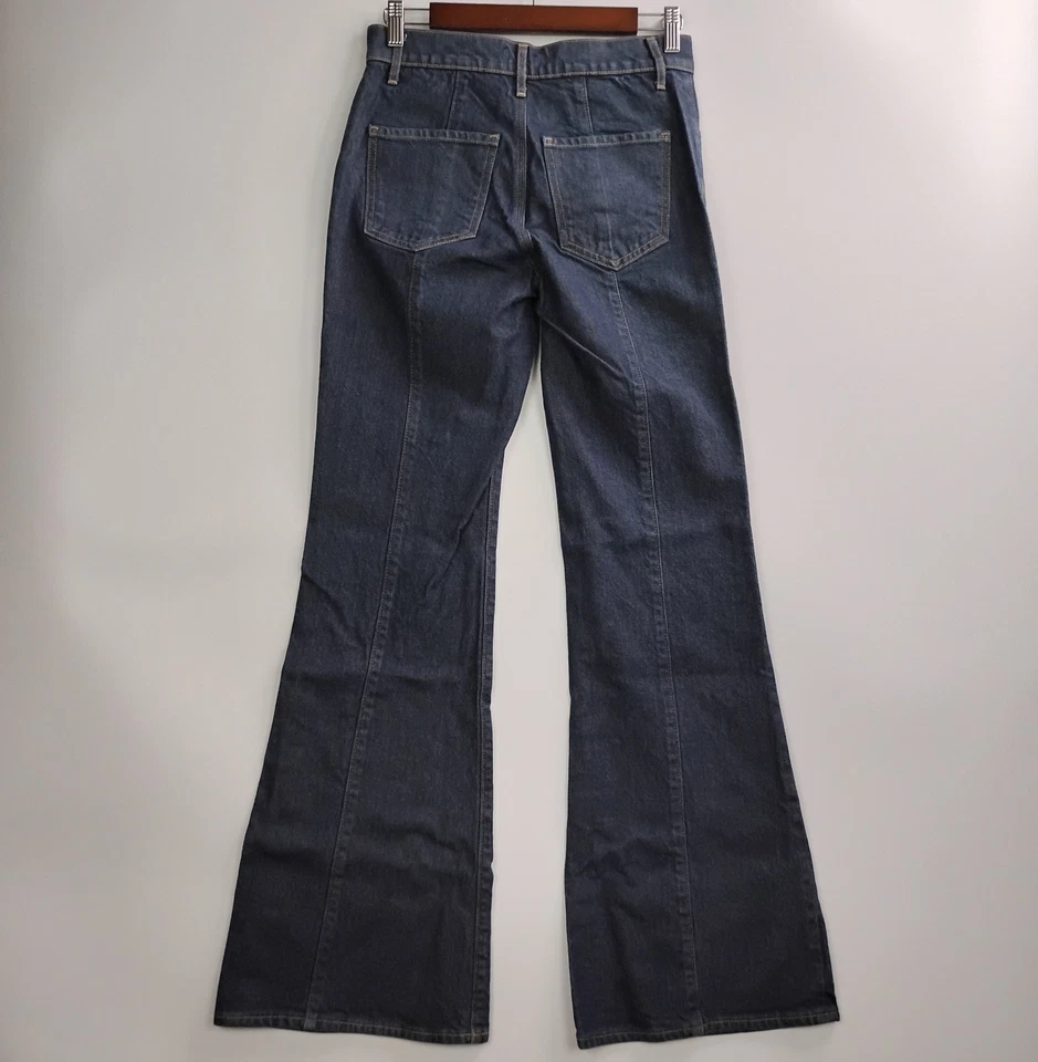 Express Jeans Womens 2 Blue Flared Leg Mid Rise Dark Wash Denim Stitching Detail - Image 2 of 4