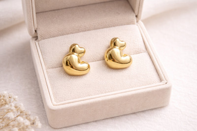 Gold Heart Stud Earrings Women - Double Heart Earrings, Modern & Feminine - New