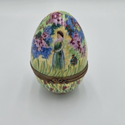 Peint Main Limited Edition Limoges Egg Mother And Child Floral Trinket