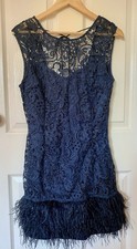 Lipsy Vip Backless Navy Blue Embroidered Short Dress With Feather Trim. Size 14