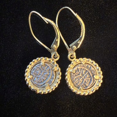 14K Gold Atocha Shipwreck Coin Earrings Mini Silver Dangle Jewelry Gift
