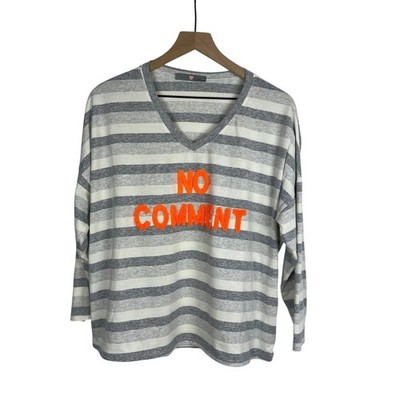 Women's Gray Cream Striped Long Sleeve T-Shirt ''No Comment'' Italy Est 3X Preppy