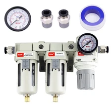 RIH Pneumatics DFR-03 3/8'' NPT Compressed Air Double Filter & Regulator, Air...