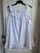 Eileen West womens Blue  White Swiss Dot floral sleeveless nightgown Large NWT
