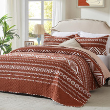 Leaonme 3 Pieces King Size Burnt Orange Rust Quilt Set Checkered Pattern